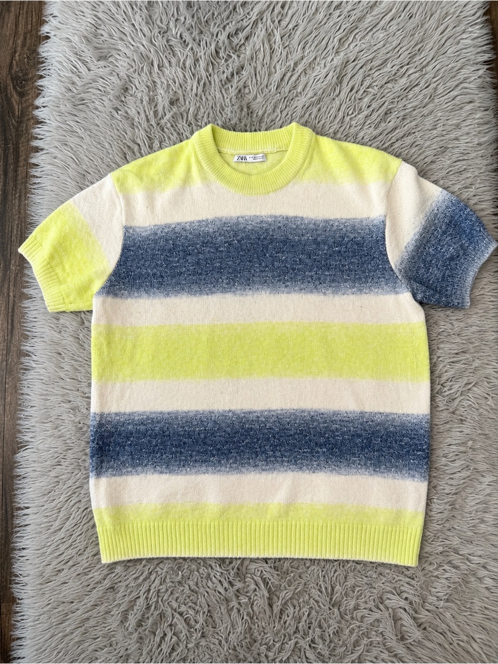 Zara Men’s Neon Yellow, Blue & Cream Striped Crewneck Sweater